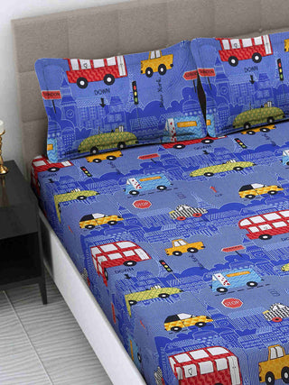 FABINALIV Blue Cartoon Print 300 TC Cotton Blend King Size Fitted Double Bedsheet with 2 Pillow Covers (250X225 cm)