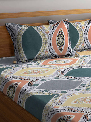 FABINALIV Multicolor Motifs 300 TC Cotton Blend King Size Double Bedsheet with 2 Pillow Covers (250X225 cm)