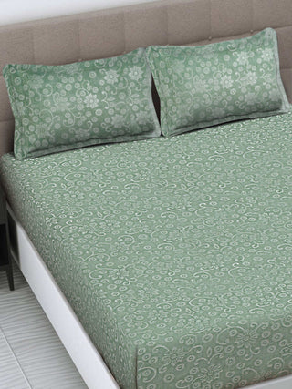 FABINALIV Light Green Floral 300 TC Woollen Embossed King Size Fitted Double Bedsheet with 2 Pillow Covers