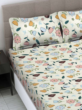 FABINALIV Multicolor Floral 300 TC Cotton Blend King Size Fitted Double Bedsheet with 2 Pillow Covers (250X225 cm)