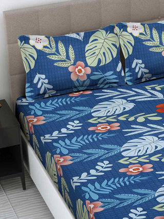 FABINALIV Blue Floral 300 TC Cotton Blend King Size Double Bedsheet with 2 Pillow Covers (250X225 cm)