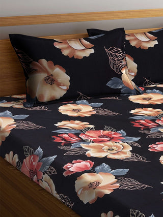 FABINALIV Black Floral 300 TC Cotton Blend King Size Double Bedsheet with 2 Pillow Covers (250X225 cm)