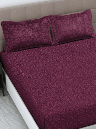 FABINALIV Wine Floral 300 TC Woollen Embossed King Size Fitted Double Bedsheet with 2 Pillow Covers