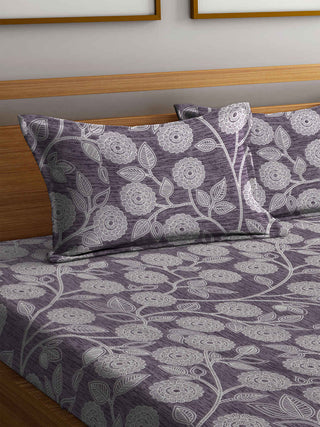 FABINALIV Purple Floral 300 TC Cotton Blend King Size Fitted Double Bedsheet with 2 Pillow Covers (250X225 cm)