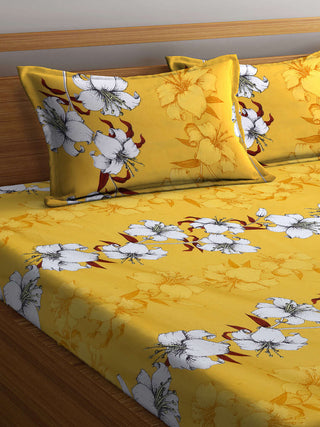 FABINALIV Yellow Floral 300 TC Cotton Blend King Size Fitted Double Bedsheet with 2 Pillow Covers (250X225 cm)