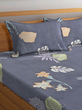 FABINALIV Grey Floral 300 TC Cotton Blend King Size Double Bedsheet with 2 Pillow Covers (250X225 cm)
