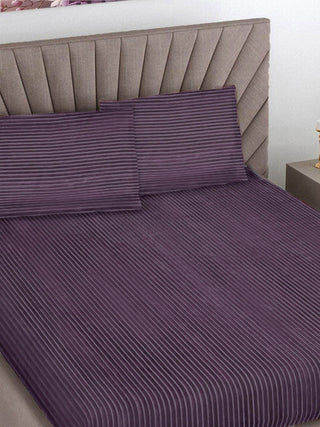 FABINALIV Purple Striped 300 TC Woollen King Size Fitted Double Bedsheet with 2 Pillow Covers