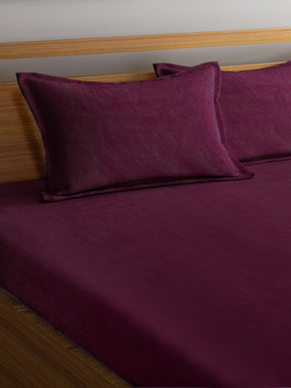 FABINALIV Wine Solid 300 TC Woollen King Size Fitted Double Bedsheet with 2 Pillow Covers (250X225 cm)