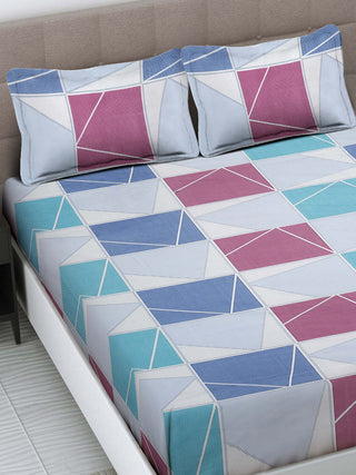 FABINALIV Multicolor Geometric 300 TC Cotton Blend King Size Fitted Double Bedsheet with 2 Pillow Covers (250X225 cm)