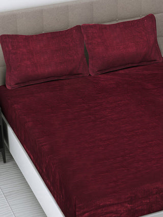 FABINALIV Maroon Striped 300 TC Woollen King Size Fitted Double Bedsheet with 2 Pillow Covers