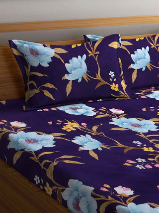 FABINALIV Purple Floral 300 TC Cotton Blend King Size Double Bedsheet with 2 Pillow Covers (250X225 cm)