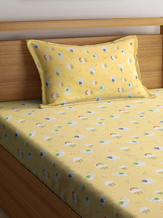 FABINALIV Yellow Cartoon Print 300 TC Cotton Single Bedsheet with Pillow Cover (225X150 cm)