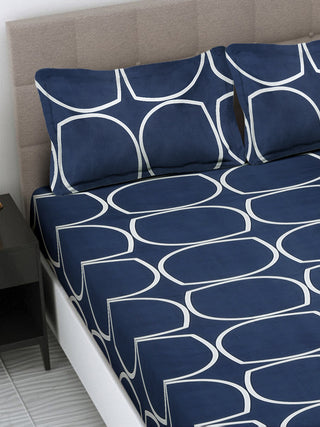 FABINALIV Blue Geometric 300 TC Cotton Blend King Size Double Bedsheet with 2 Pillow Covers (250X225 cm)