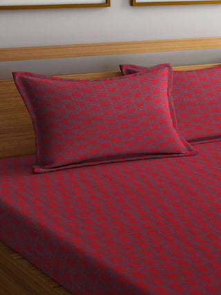 FABINALIV Red Geometric 100% Cotton Handwoven King Size Double Bedsheet with 2 Pillow Covers (250X225 cm)