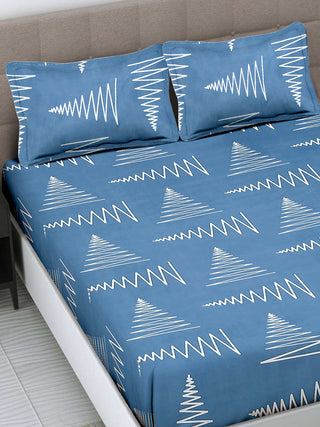 FABINALIV Blue Geometric 300 TC Cotton Blend King Size Fitted Double Bedsheet with 2 Pillow Covers (250X225 cm)