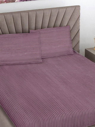 FABINALIV Pink Striped 300 TC Woollen King Size Fitted Double Bedsheet with 2 Pillow Covers