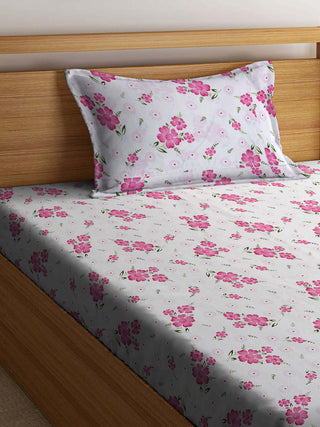 FABINALIV White Floral 300 TC Cotton Blend Single Bedsheet with Pillow Cover (225X150 cm)