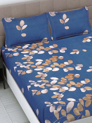 FABINALIV Blue Floral 300 TC Cotton Blend King Size Fitted Double Bedsheet with 2 Pillow Covers (250X225 cm)