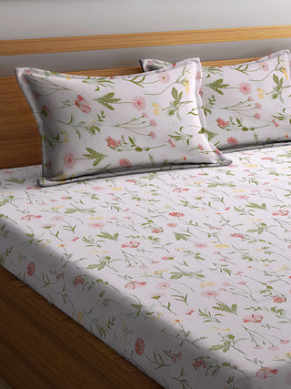 FABINALIV Off White Floral 300 TC Pure Cotton Super King Size Double Bedsheet with 2 Pillow Covers (270X270 cm)