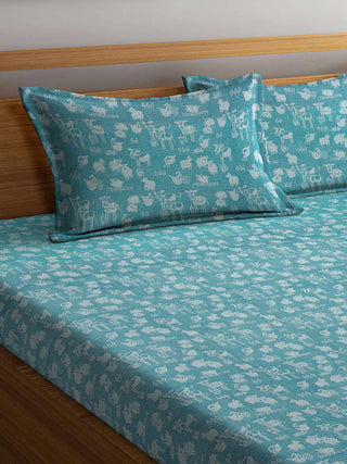 FABINALIV Turquoise Cartoon Design 350 TC 100% Cotton Handwoven King Size Double Bedsheet with 2 Pillow Covers (250X225 cm)