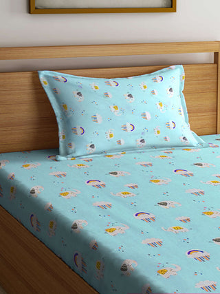 FABINALIV Sky Blue Cartoon Print 300 TC Cotton Single Bedsheet with Pillow Cover (225X150 cm)