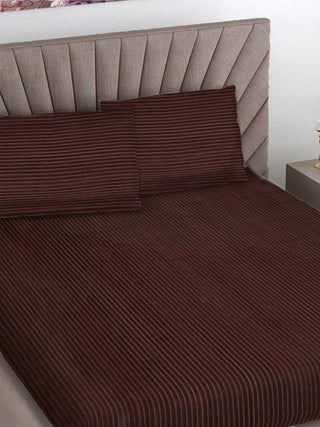 FABINALIV Coffee Striped 300 TC Woollen King Size Fitted Double Bedsheet with 2 Pillow Covers