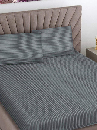 FABINALIV Grey Striped 300 TC Woollen King Size Double Bedsheet with 2 Pillow Covers (250X225 cm)