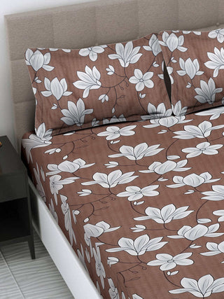 FABINALIV Brown Floral 300 TC Cotton Blend King Size Fitted Double Bedsheet with 2 Pillow Covers (250X225 cm)