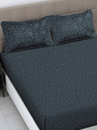 FABINALIV Dark Grey Floral 300 TC Woollen Embossed King Size Fitted Double Bedsheet with 2 Pillow Covers