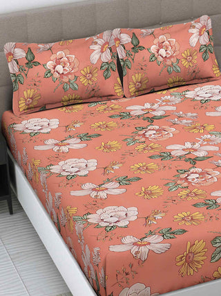 FABINALIV Orange Floral 300 TC Cotton Blend King Size Fitted Double Bedsheet with 2 Pillow Covers (250X225 cm)