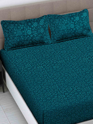 FABINALIV Rama Green Floral 300 TC Woollen Embossed King Size Double Bedsheet with 2 Pillow Covers (250X225 cm)