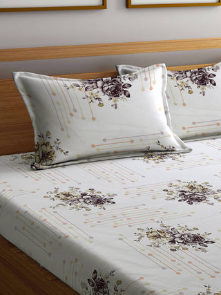 FABINALIV Off White Floral 300 TC Pure Cotton King Size Double Bedsheet with 2 Pillow Covers (250X225 cm)