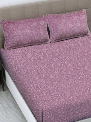 FABINALIV Onion Floral 300 TC Woollen Embossed King Size Fitted Double Bedsheet with 2 Pillow Covers