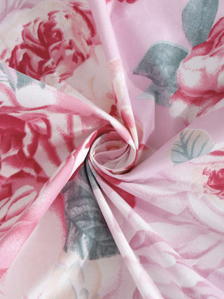 FABINALIV Pink Floral 300 TC Cotton Blend King Size Fitted Double Bedsheet with 2 Pillow Covers (250X225 cm)