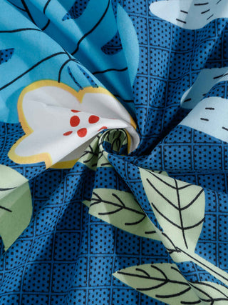 FABINALIV Blue Floral 300 TC Cotton Blend King Size Fitted Double Bedsheet with 2 Pillow Covers (250X225 cm)