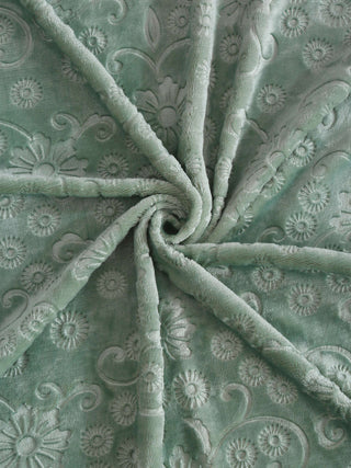 FABINALIV Light Green Floral 300 TC Woollen Embossed King Size Double Bedsheet with 2 Pillow Covers (250X225 cm)