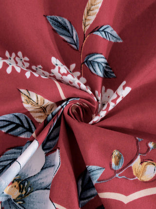FABINALIV Maroon Floral 300 TC Cotton Blend King Size Fitted Double Bedsheet with 2 Pillow Covers (250X225 cm)
