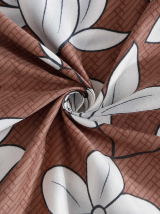 FABINALIV Brown Floral 300 TC Cotton Blend King Size Fitted Double Bedsheet with 2 Pillow Covers (250X225 cm)