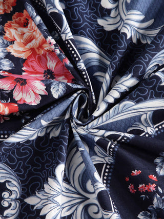 FABINALIV Blue Floral 300 TC Cotton Blend King Size Double Bedsheet with 2 Pillow Covers (250X225 cm)