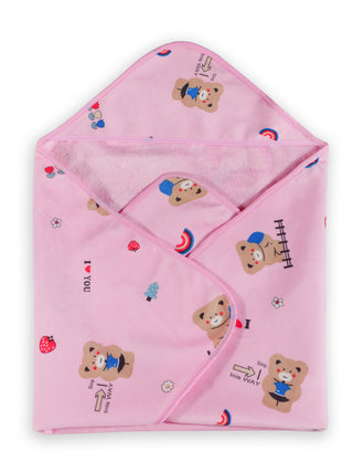 FABINALIV Infant Pink Cartoon Print Cotton Hooded Bath Towel (70X70 cm)