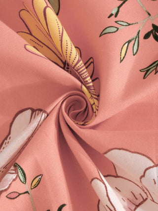 FABINALIV Orange Floral 300 TC Cotton Blend King Size Fitted Double Bedsheet with 2 Pillow Covers (250X225 cm)