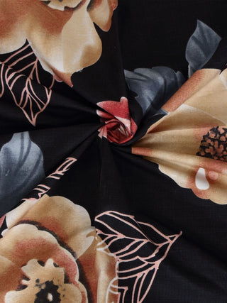 FABINALIV Black Floral 300 TC Cotton Blend King Size Double Bedsheet with 2 Pillow Covers (250X225 cm)
