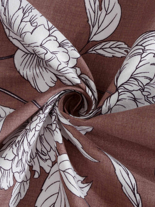 FABINALIV Brown Floral 300 TC Cotton Blend King Size Fitted Double Bedsheet with 2 Pillow Covers (250X225 cm)