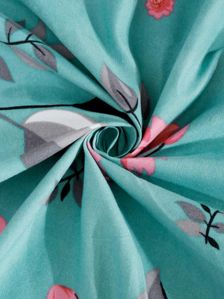 FABINALIV Turquoise Floral 300 TC Cotton Blend King Size Fitted Double Bedsheet with 2 Pillow Covers (250X225 cm)