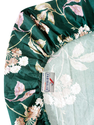 FABINALIV Green Floral 300 TC Cotton Blend King Size Fitted Double Bedsheet with 2 Pillow Covers (250X225 cm)