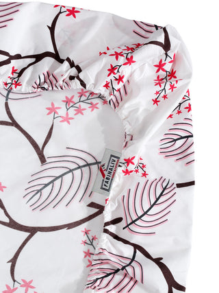 FABINALIV White Floral 300 TC Cotton Blend King Size Fitted Double Bedsheet with 2 Pillow Covers (250X225 cm)