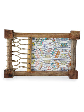 FABINALIV Multicolor Geometric Wooden Cot Serving Tray