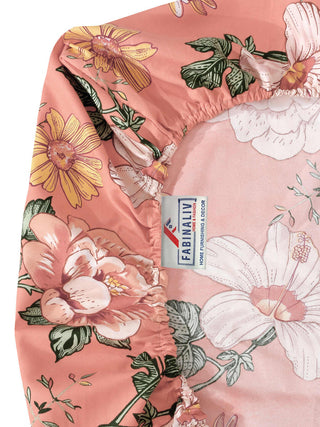 FABINALIV Orange Floral 300 TC Cotton Blend King Size Fitted Double Bedsheet with 2 Pillow Covers (250X225 cm)